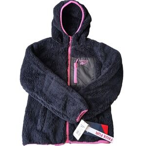 Reebok Girls Black Faux Fur Hooded Fleece Jacket Pink Trim, Size S (7/8)‎